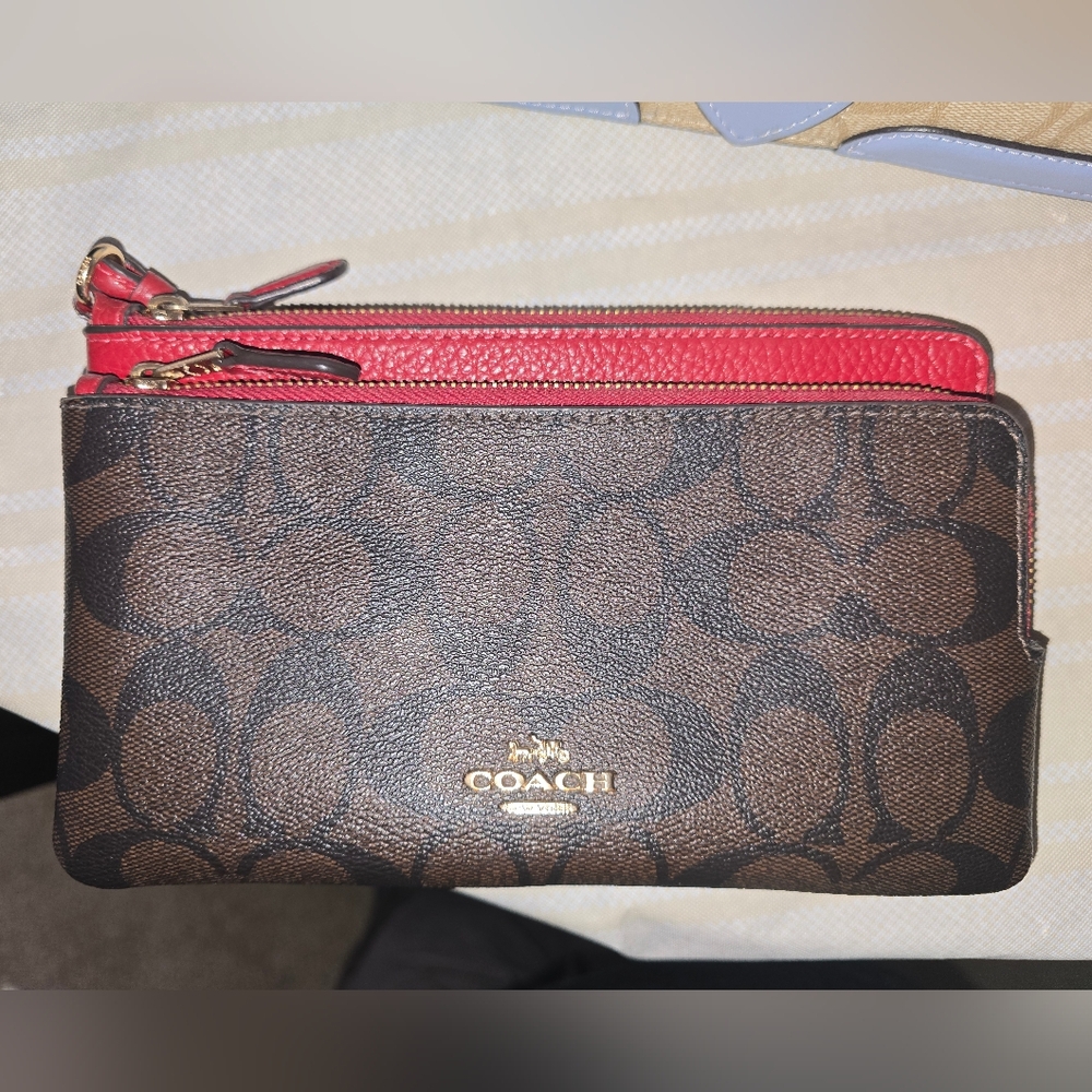 Coach Red Double Zip Wallet In Brown Signature Canvas Wristlet